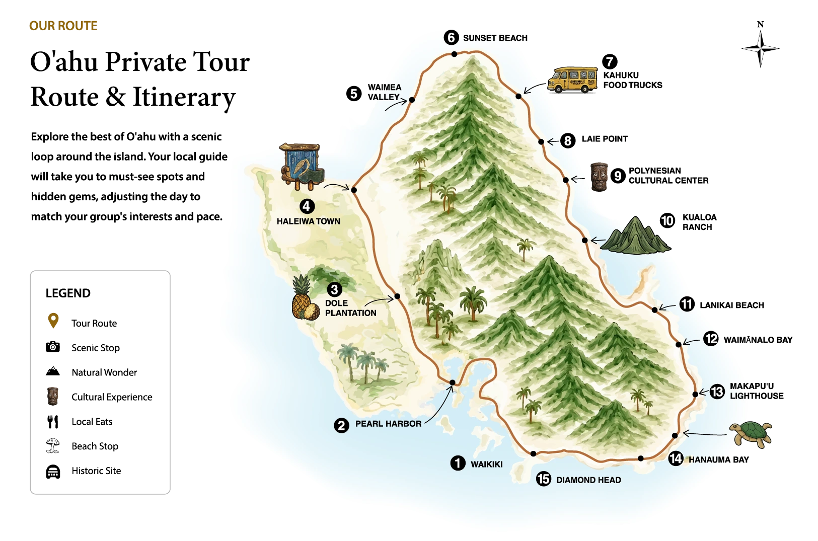 Tour map of Oahu. This is showing all the highlights of Oahu across the island.